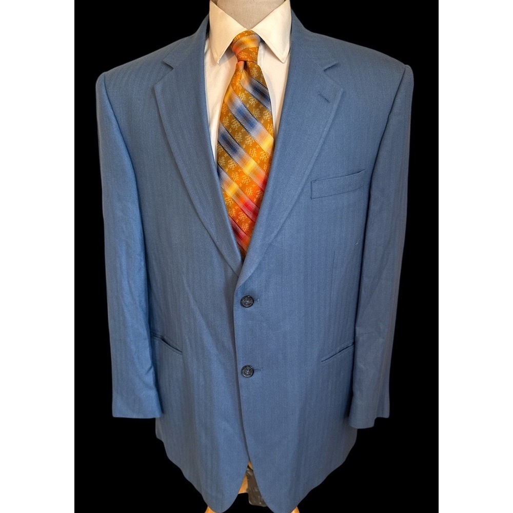 Hunt Valley 46L Portly Fit Blue Herringbone Silk Bamboo Blazer Sport Coat Jacket